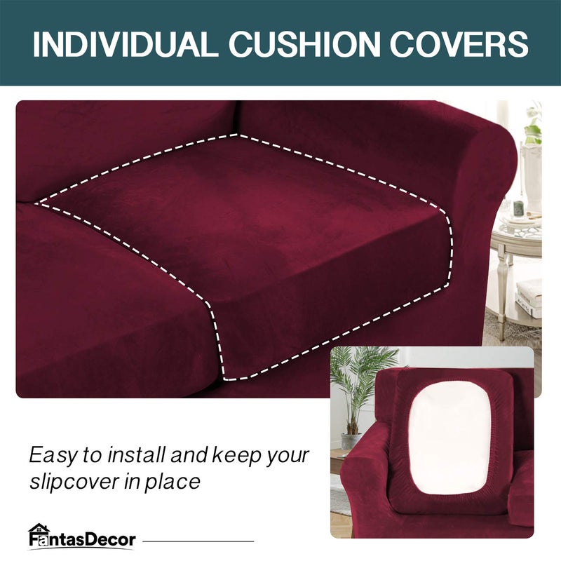 FantasDecor 4 Piece Sofa Velvet Couch Covers for 3 Cushion Stretch Slipcover with Individual Seat Cushion Elastic Furniture Protector for Pets, Machine Washable (Sofa, Burgundy) - Image 4